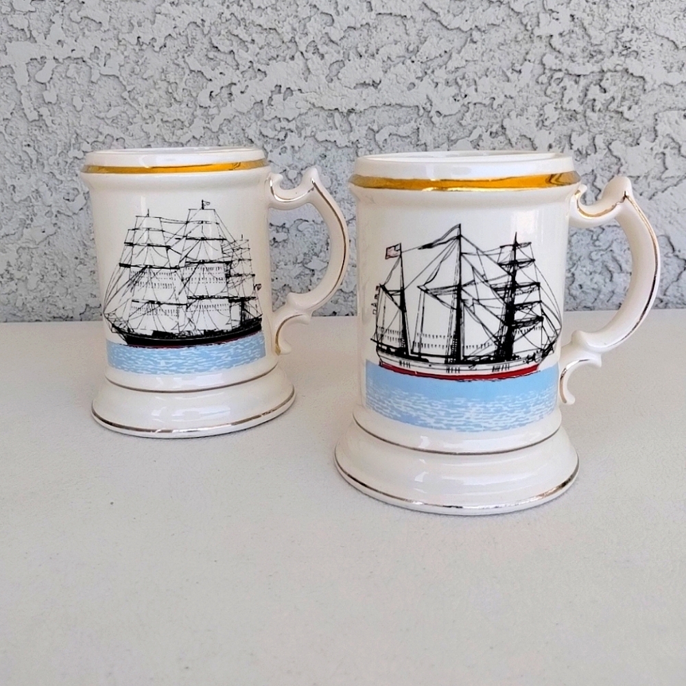 Vtg Moustache Cup Royal Fleet Sailing Ship Porcelain Enesco Set Of 2 Nautical